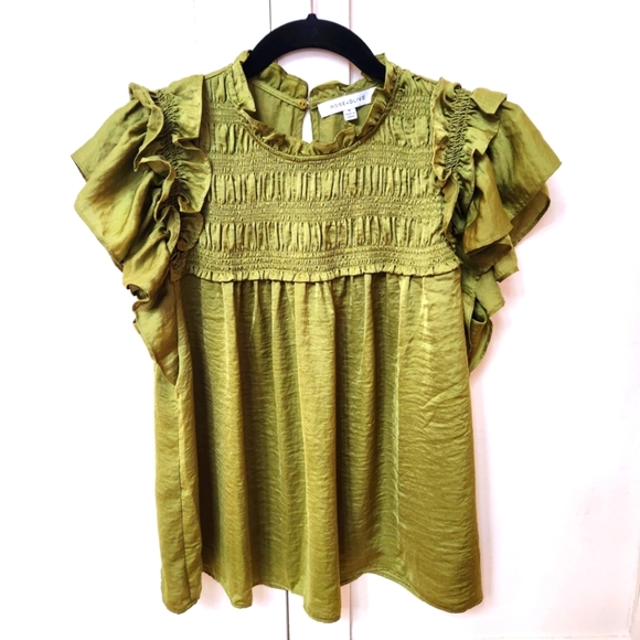 Rose +Olive Sleeveless Ruffled Silky Blouse - Lime Green - Size M - EUC - Picture 1 of 8